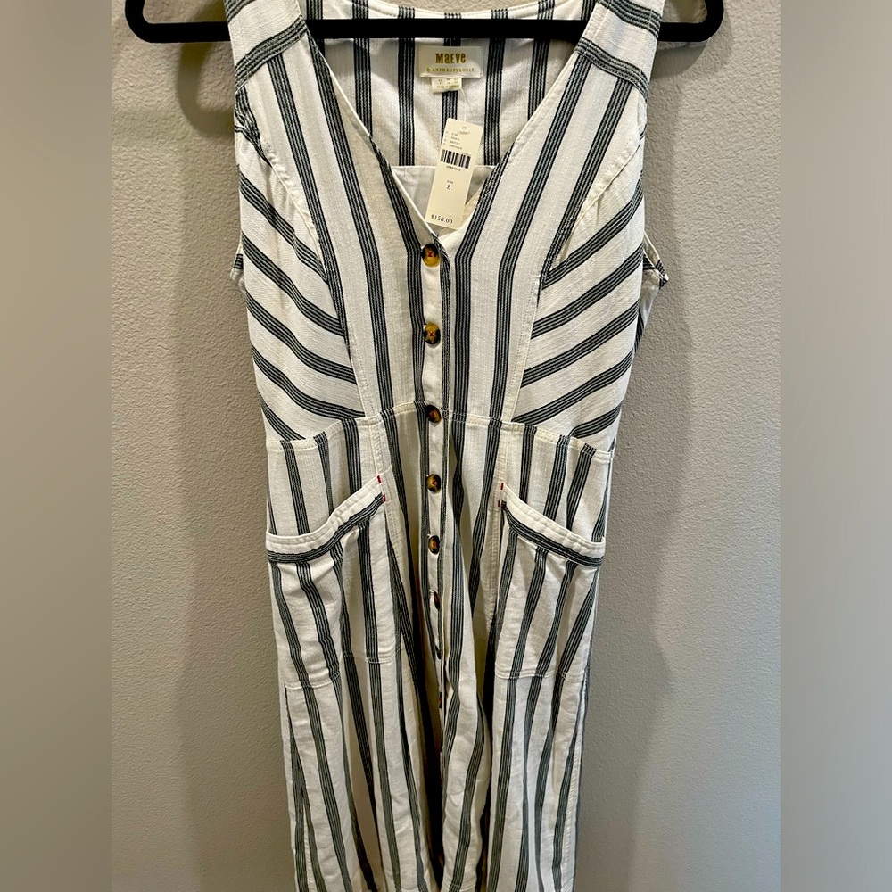 Maeve Anthropology Dress Stripe Midi Sundress Buttons Pockets Fringe NWOT